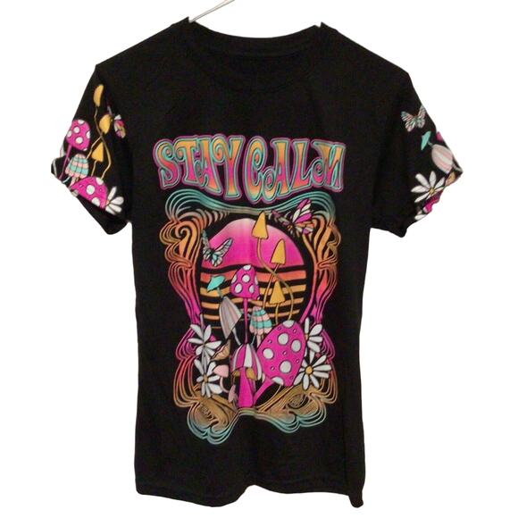 Weekend Warrior Groovy "Stay Calm" Mushroom Shirt Black Pink Women’s Size Small - Picture 1 of 4